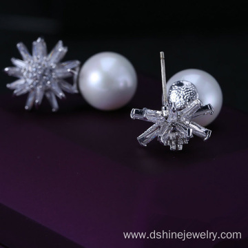 Crystal Zircon Pearl Earrings Stud Snowflake Shape Earring